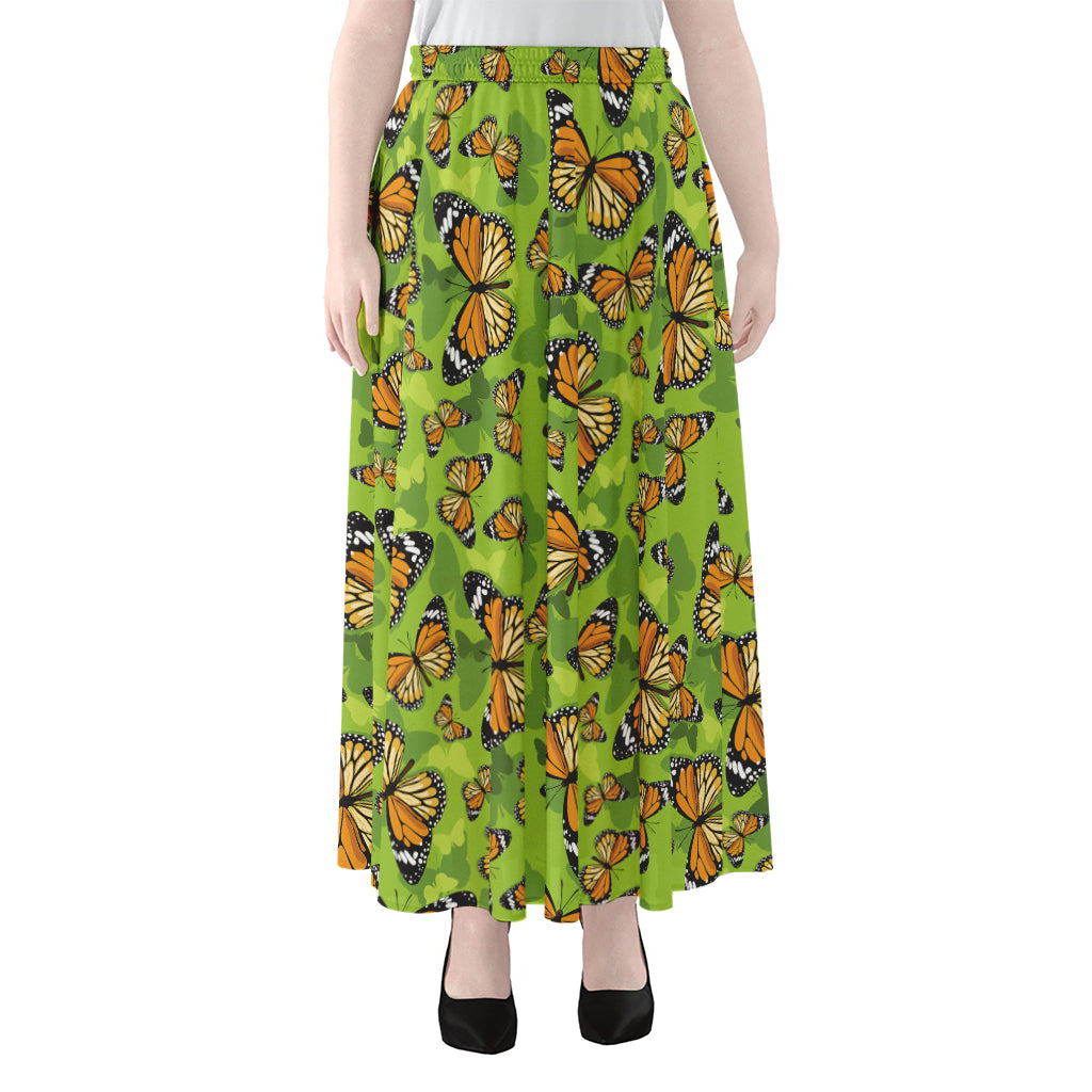 Green Monarch Butterfly Pattern Print Chiffon Maxi Skirt