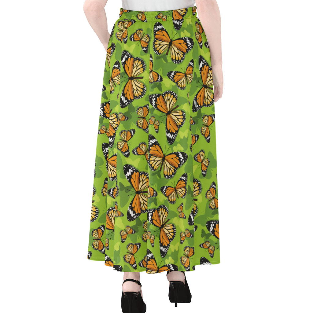 Green Monarch Butterfly Pattern Print Chiffon Maxi Skirt