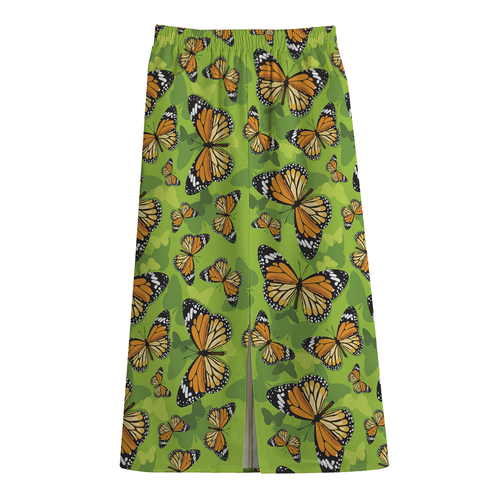 Green Monarch Butterfly Pattern Print Cotton Front Slit Maxi Skirt