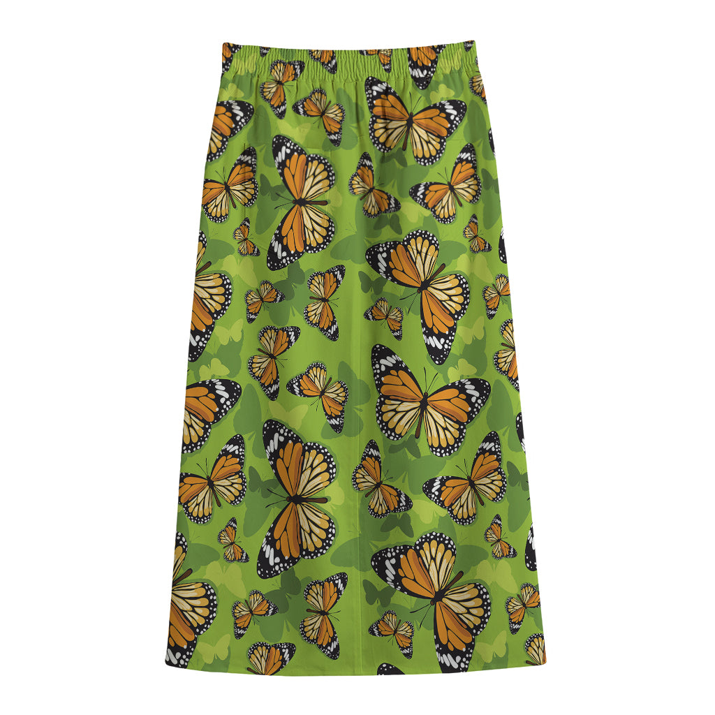 Green Monarch Butterfly Pattern Print Cotton Front Slit Maxi Skirt