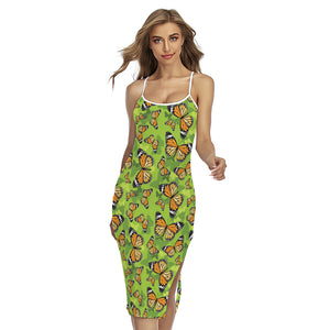 Green Monarch Butterfly Pattern Print Cross Back Cami Dress