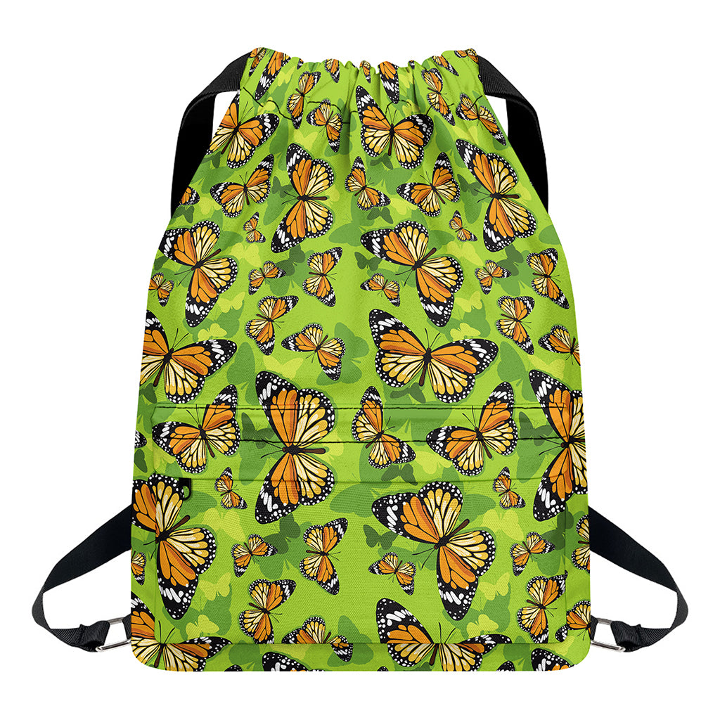 Green Monarch Butterfly Pattern Print Drawstring Backpack