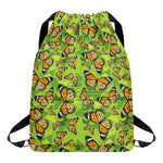 Green Monarch Butterfly Pattern Print Drawstring Backpack