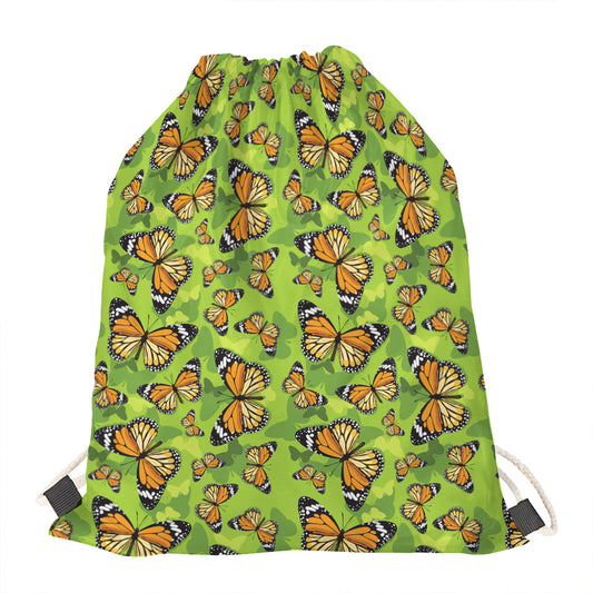 Green Monarch Butterfly Pattern Print Drawstring Bag