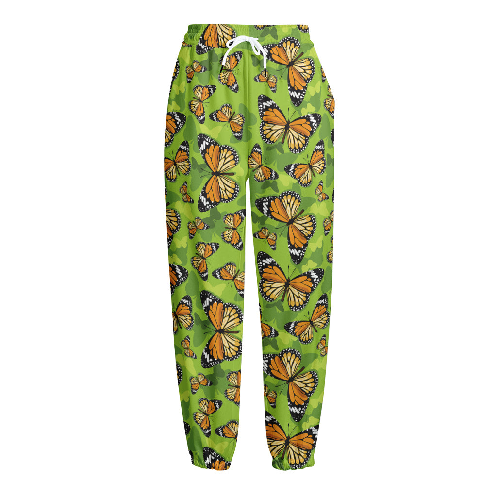 Green Monarch Butterfly Pattern Print Fleece Lined Knit Pants