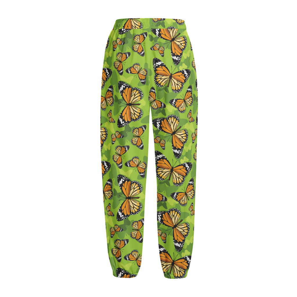 Green Monarch Butterfly Pattern Print Fleece Lined Knit Pants