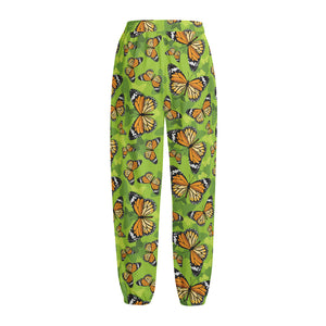 Green Monarch Butterfly Pattern Print Fleece Lined Knit Pants