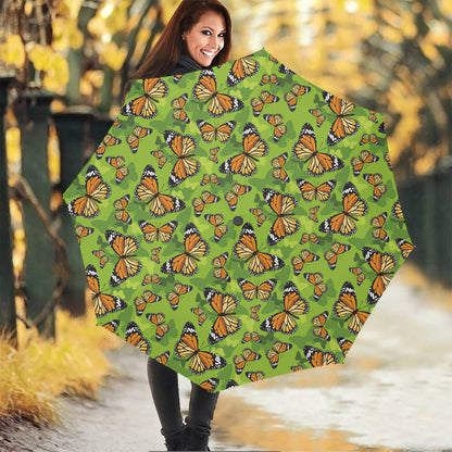 Green Monarch Butterfly Pattern Print Foldable Umbrella