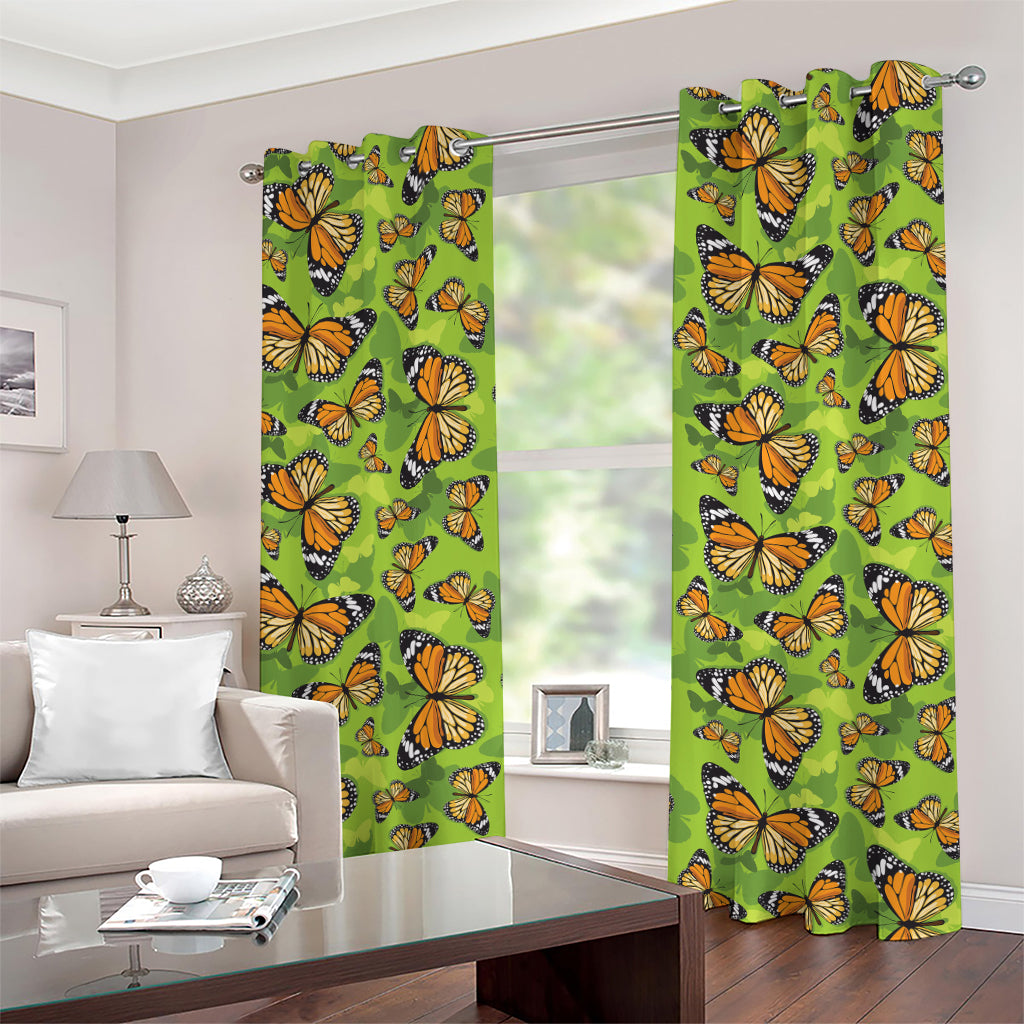 Green Monarch Butterfly Pattern Print Grommet Curtains