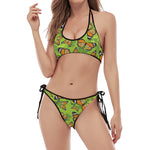 Green Monarch Butterfly Pattern Print Halter Scoop Tie Side Bikini