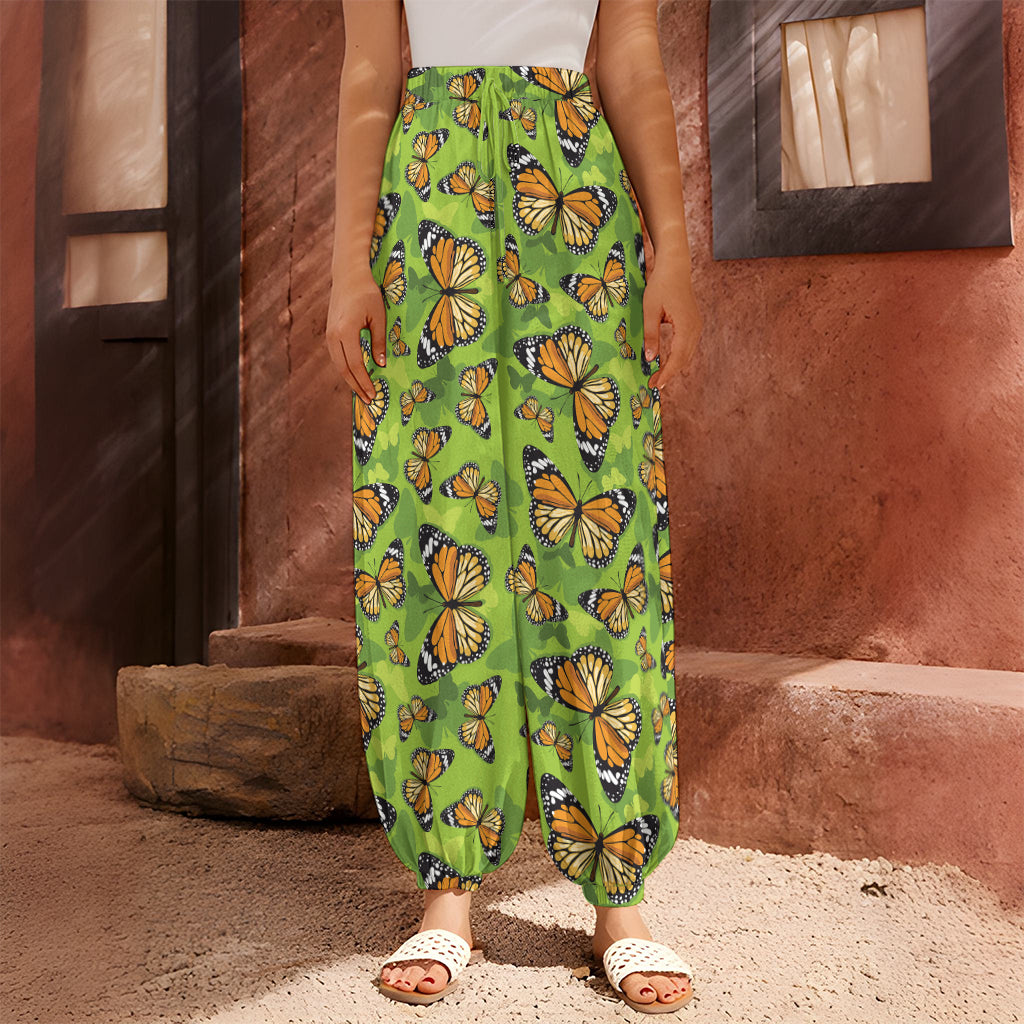Green Monarch Butterfly Pattern Print Harem Pants