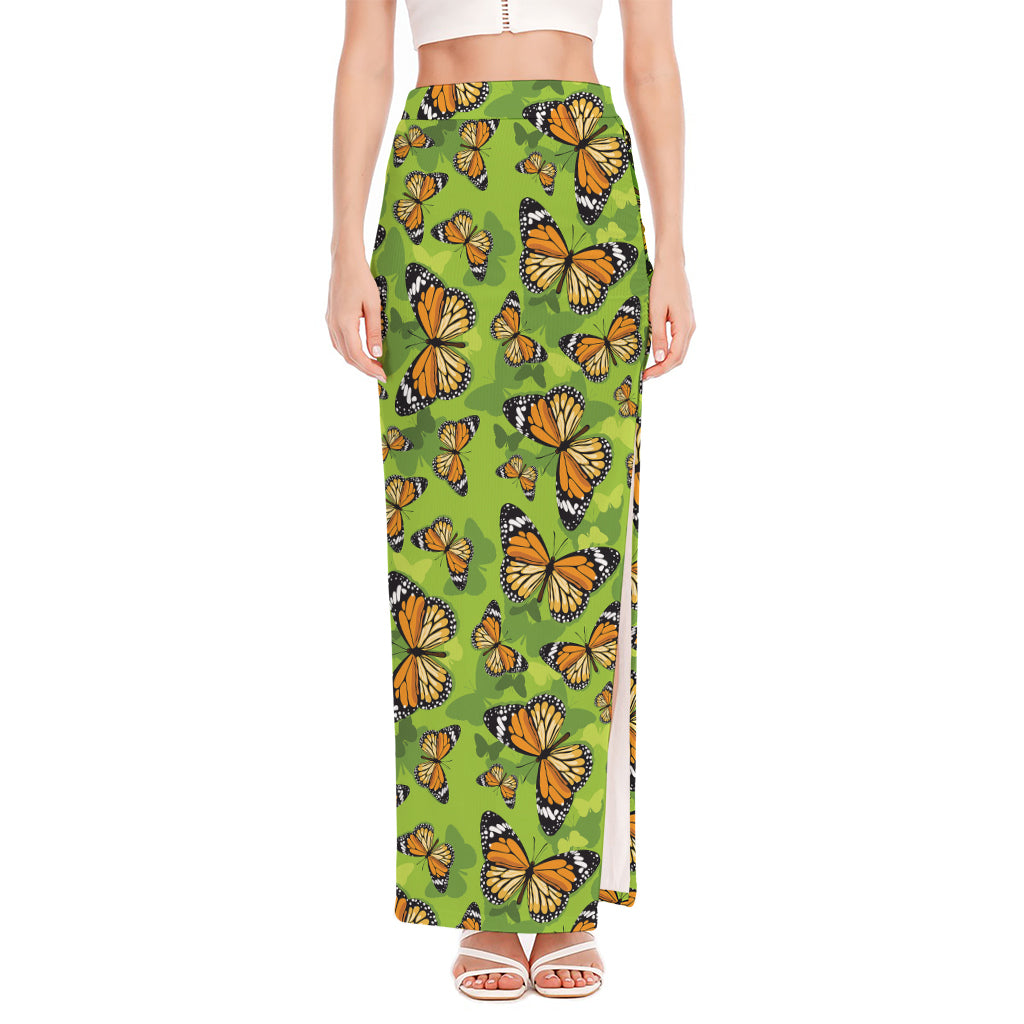 Green Monarch Butterfly Pattern Print High Slit Maxi Skirt