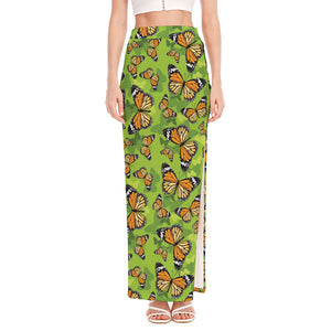 Green Monarch Butterfly Pattern Print High Slit Maxi Skirt