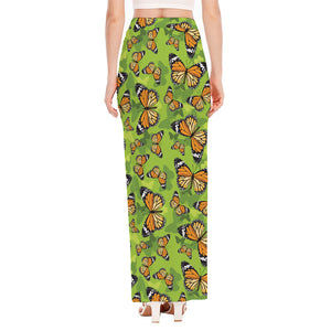 Green Monarch Butterfly Pattern Print High Slit Maxi Skirt