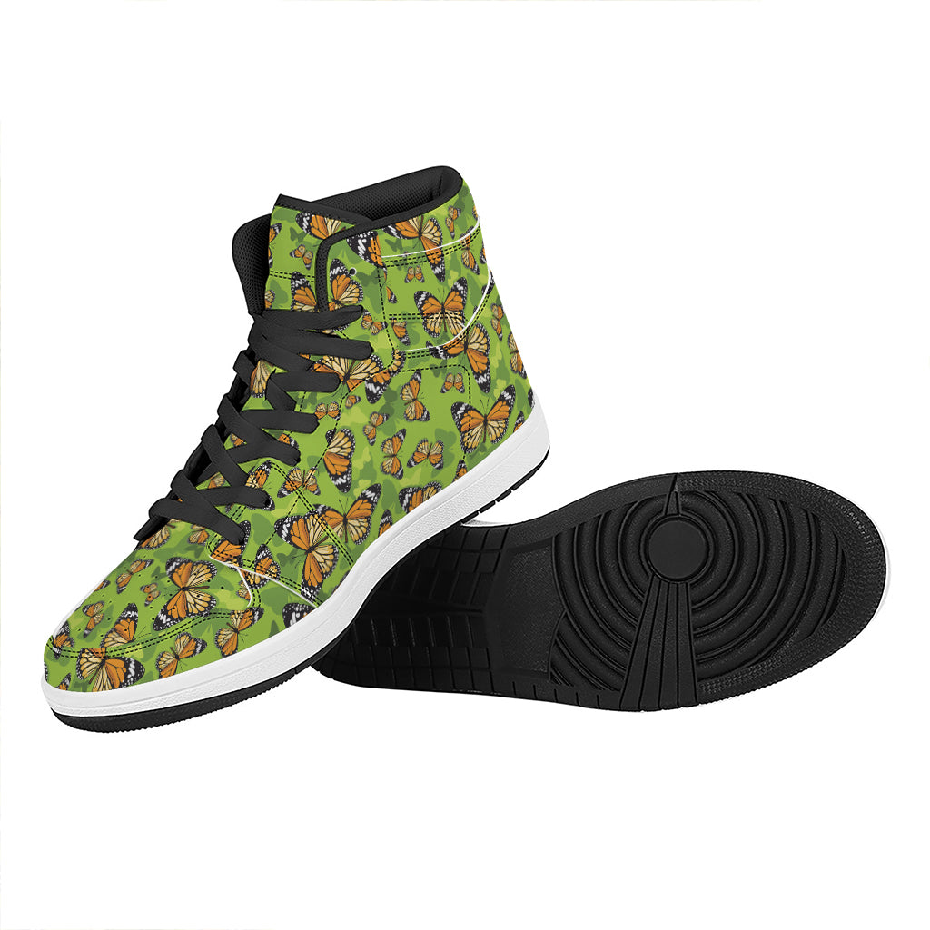 Green Monarch Butterfly Pattern Print High Top Leather Sneakers