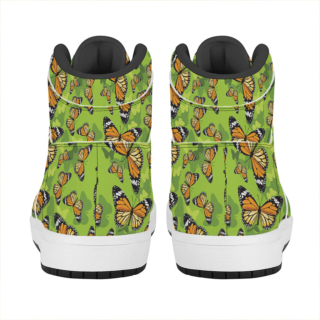 Green Monarch Butterfly Pattern Print High Top Leather Sneakers