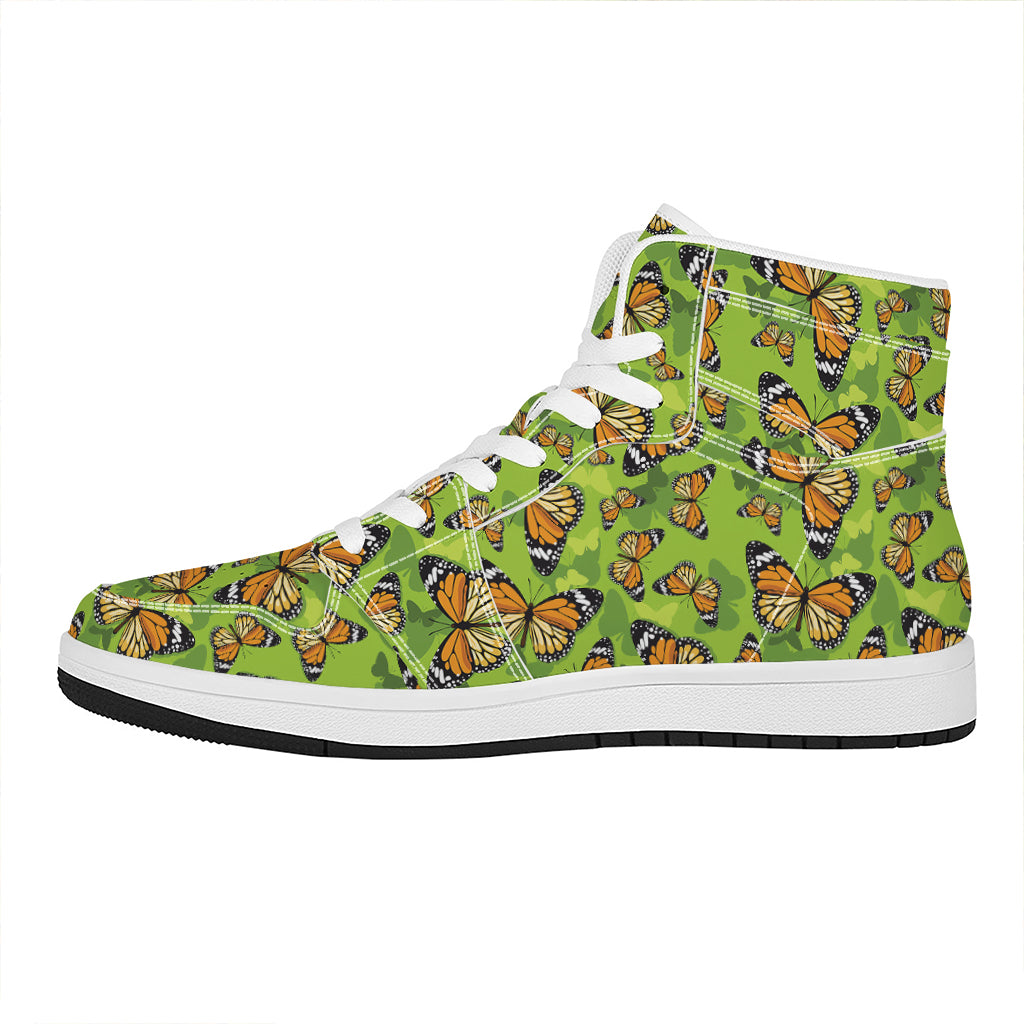 Green Monarch Butterfly Pattern Print High Top Leather Sneakers