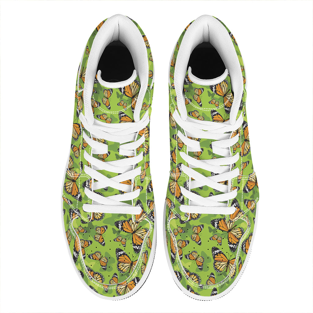 Green Monarch Butterfly Pattern Print High Top Leather Sneakers