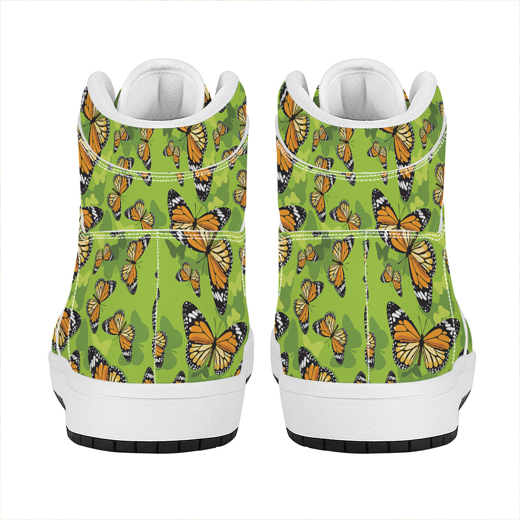 Green Monarch Butterfly Pattern Print High Top Leather Sneakers