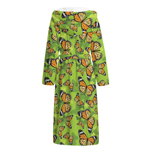 Green Monarch Butterfly Pattern Print Hooded Bathrobe