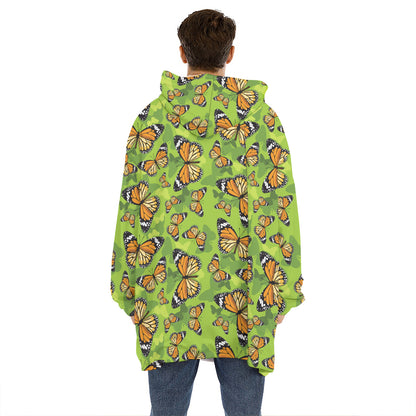 Green Monarch Butterfly Pattern Print Hoodie Blanket