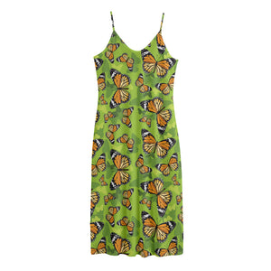 Green Monarch Butterfly Pattern Print Jersey Midi Cami Dress