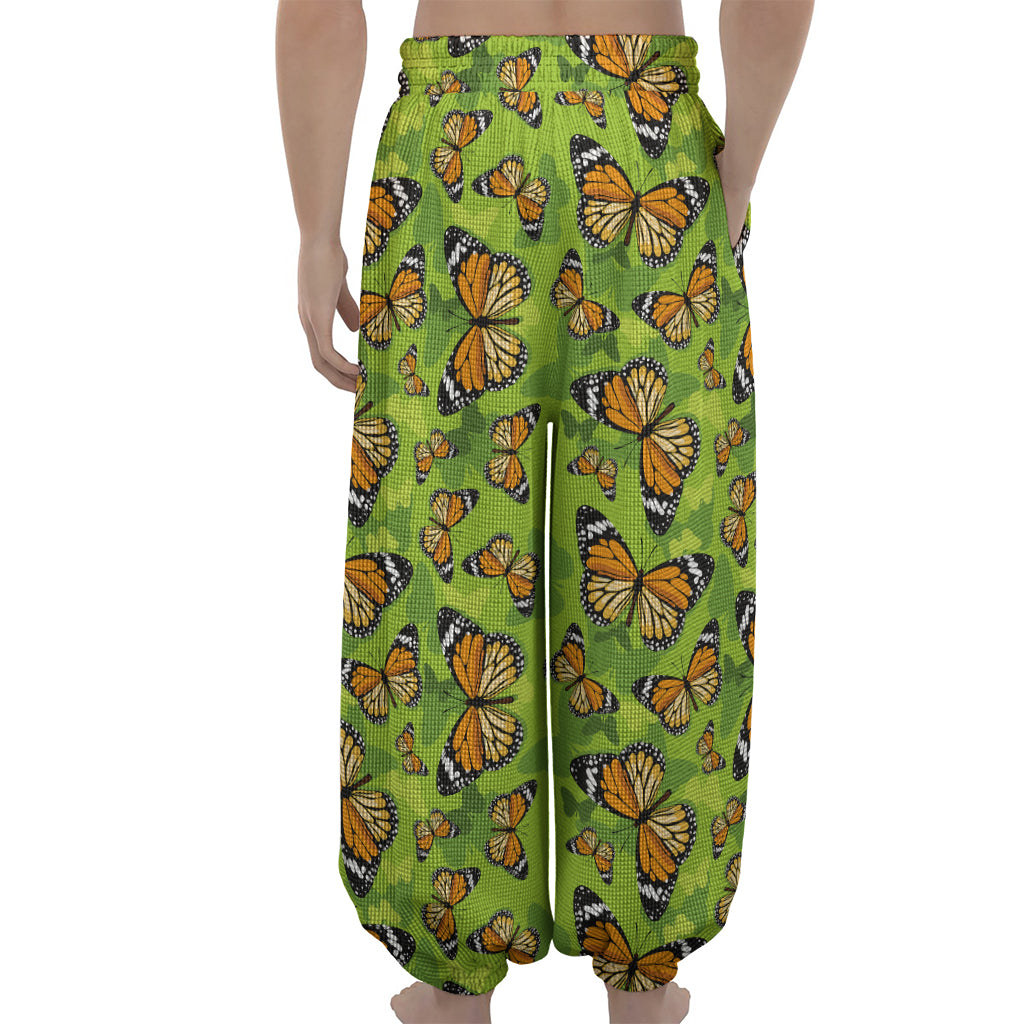 Green Monarch Butterfly Pattern Print Lantern Pants