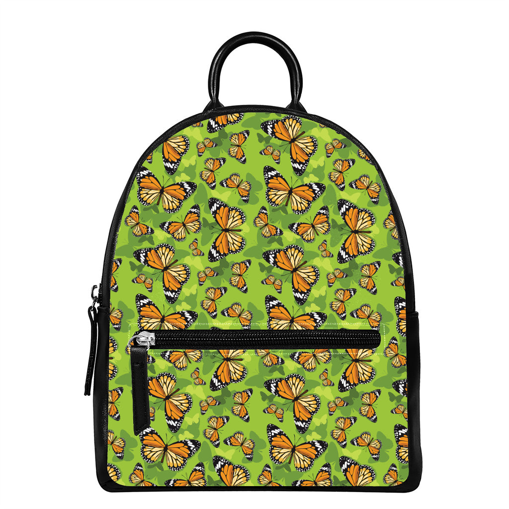 Green Monarch Butterfly Pattern Print Leather Backpack