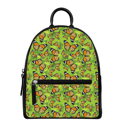 Green Monarch Butterfly Pattern Print Leather Backpack