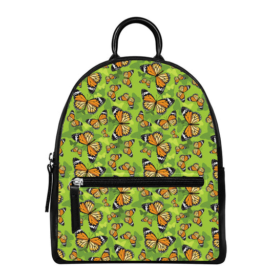 Green Monarch Butterfly Pattern Print Leather Backpack