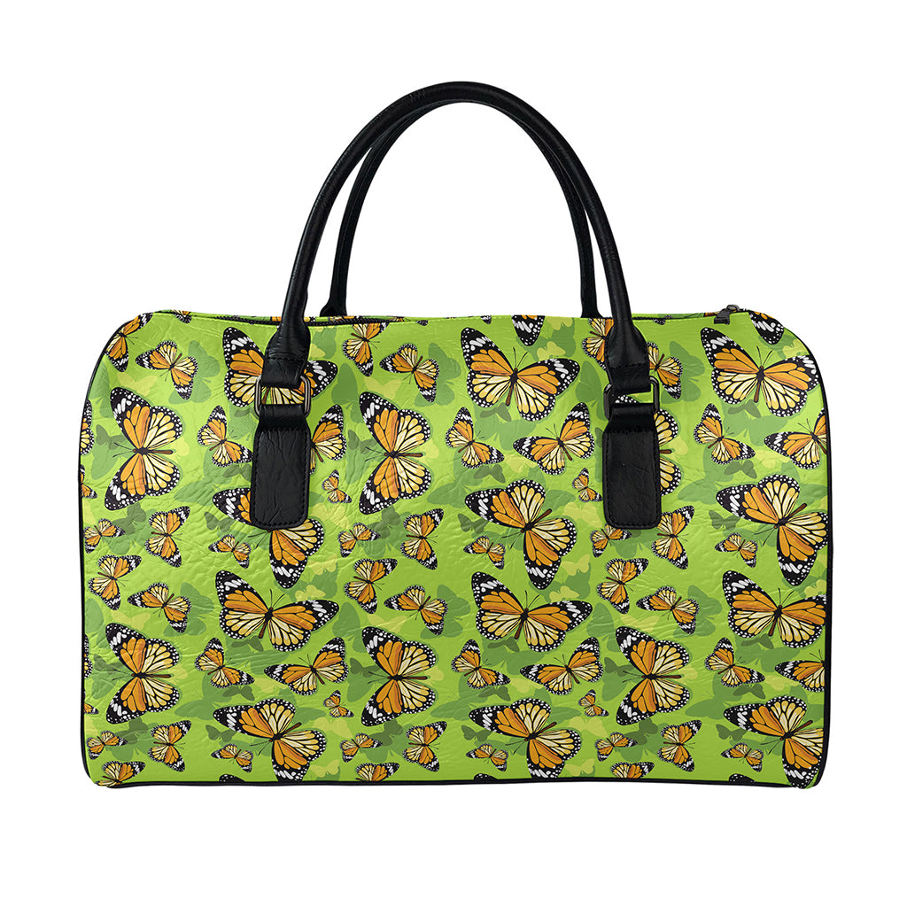 Green Monarch Butterfly Pattern Print Leather Duffle Bag