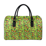 Green Monarch Butterfly Pattern Print Leather Duffle Bag
