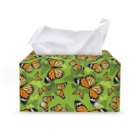 Green Monarch Butterfly Pattern Print Leather Tissue Box Cover