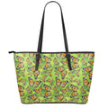 Green Monarch Butterfly Pattern Print Leather Tote Bag With Zipper