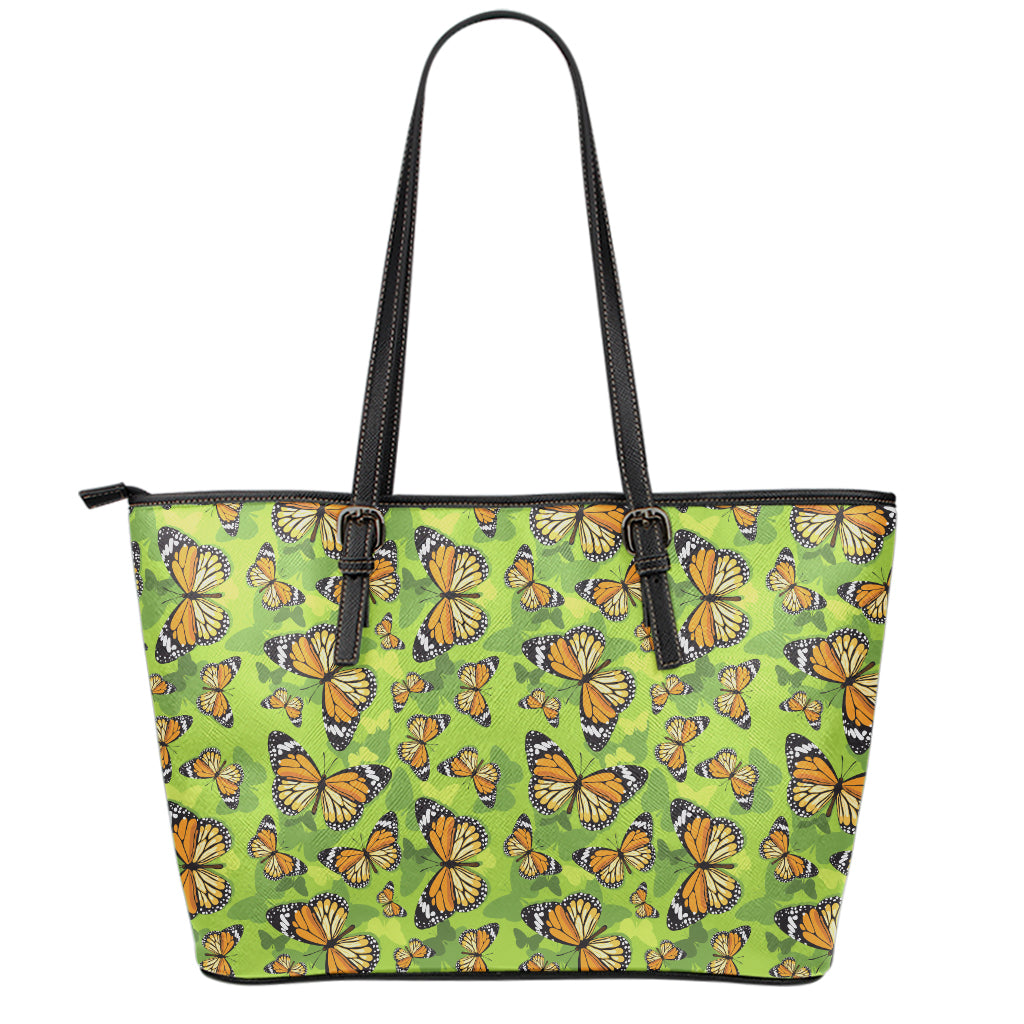 Green Monarch Butterfly Pattern Print Leather Tote Bag