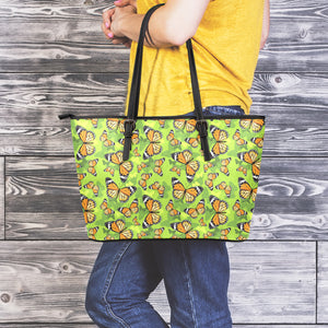 Green Monarch Butterfly Pattern Print Leather Tote Bag