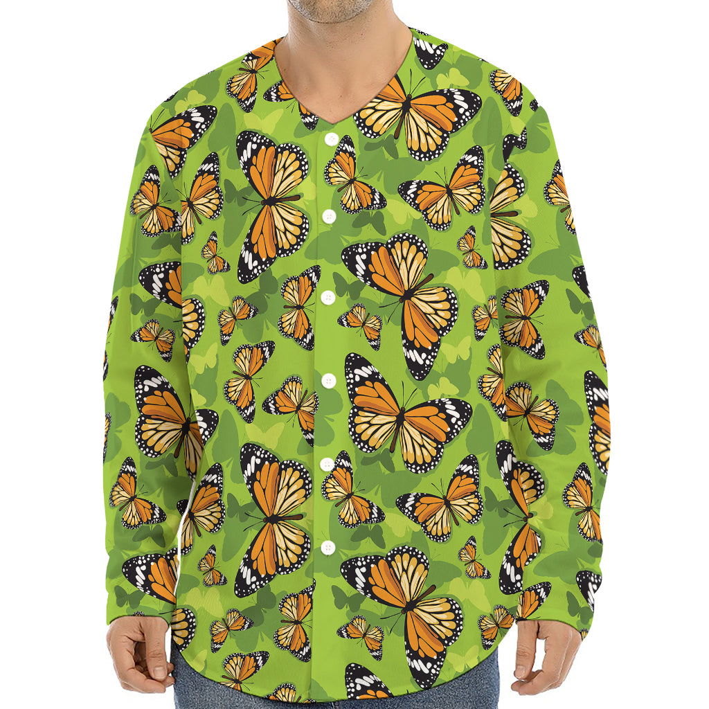 Green Monarch Butterfly Pattern Print Long Sleeve Baseball Jersey