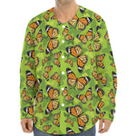 Green Monarch Butterfly Pattern Print Long Sleeve Baseball Jersey