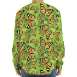 Green Monarch Butterfly Pattern Print Long Sleeve Baseball Jersey