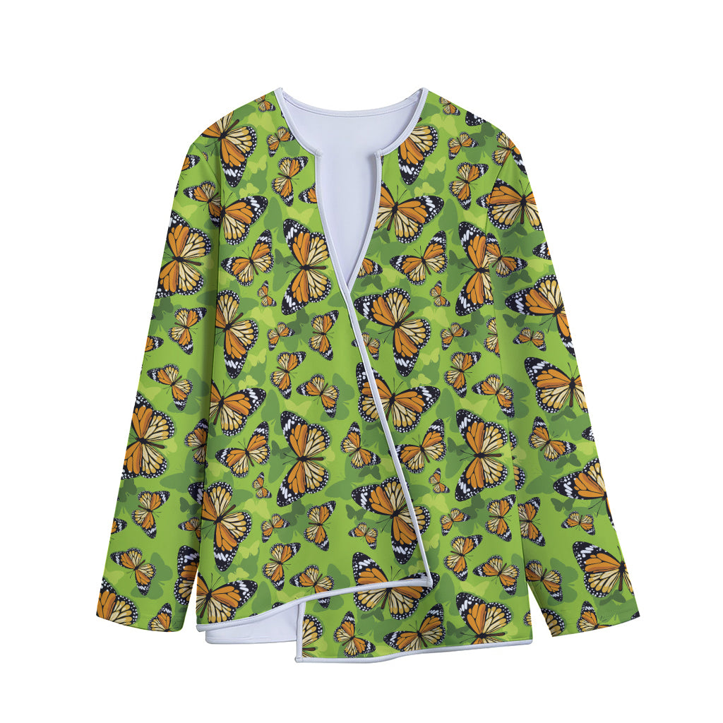 Green Monarch Butterfly Pattern Print Long Sleeve Short Coat