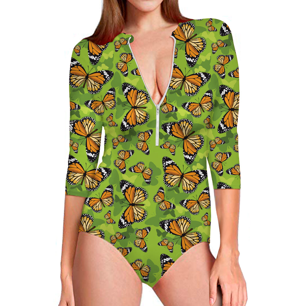 Green Monarch Butterfly Pattern Print Long Sleeve Swimsuit