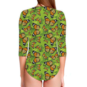 Green Monarch Butterfly Pattern Print Long Sleeve Swimsuit