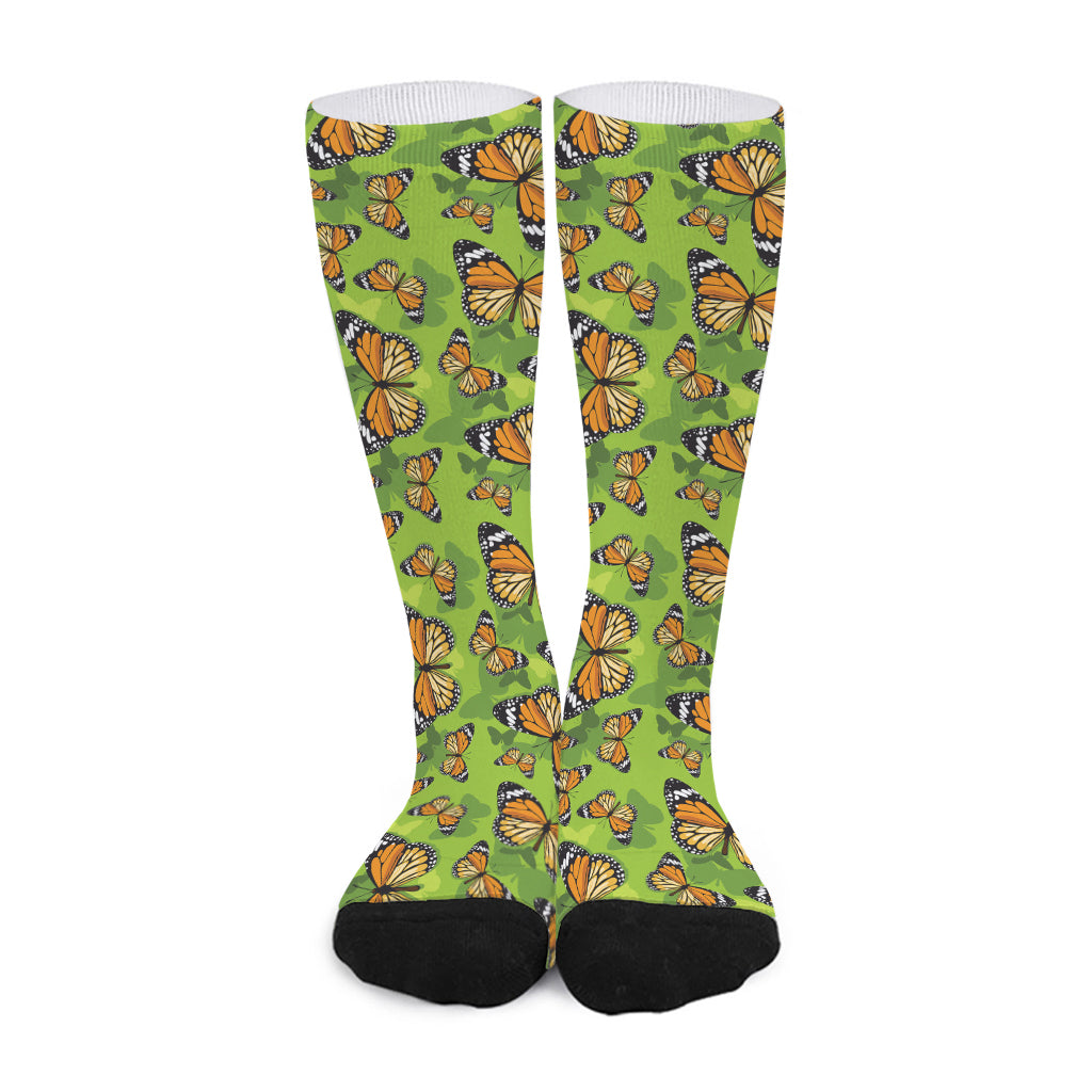 Green Monarch Butterfly Pattern Print Long Socks