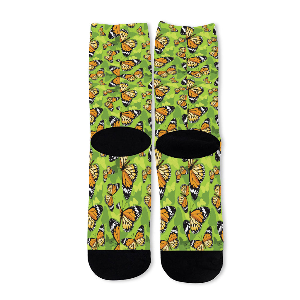 Green Monarch Butterfly Pattern Print Long Socks