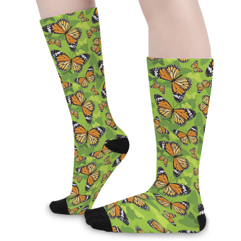 Green Monarch Butterfly Pattern Print Long Socks