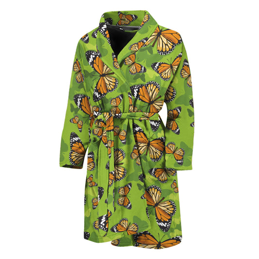 Green Monarch Butterfly Pattern Print Men's Bathrobe