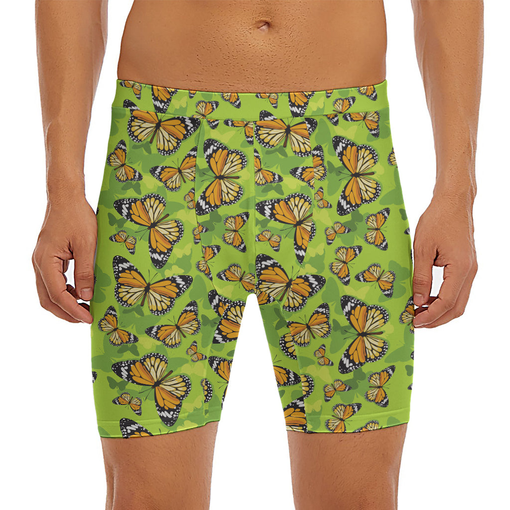 Green Monarch Butterfly Pattern Print Men's Long Boxer Briefs