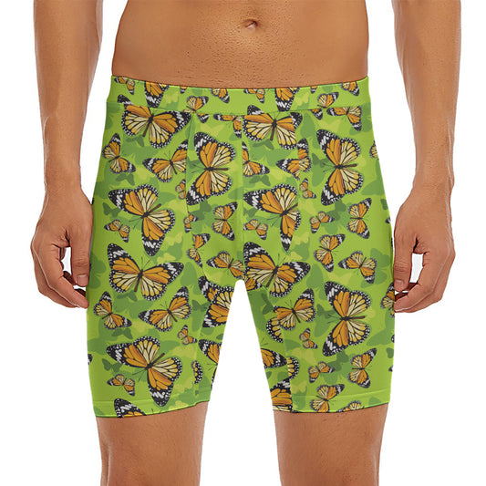 Green Monarch Butterfly Pattern Print Men's Long Boxer Briefs