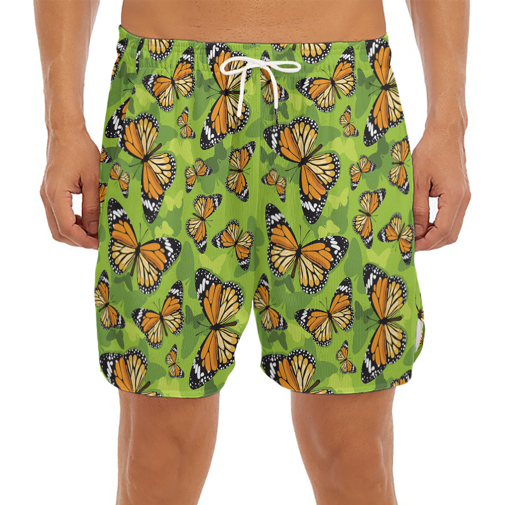 Green Monarch Butterfly Pattern Print Men's Split Running Shorts