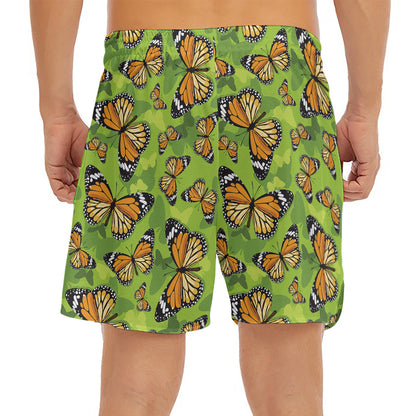 Green Monarch Butterfly Pattern Print Men's Split Running Shorts